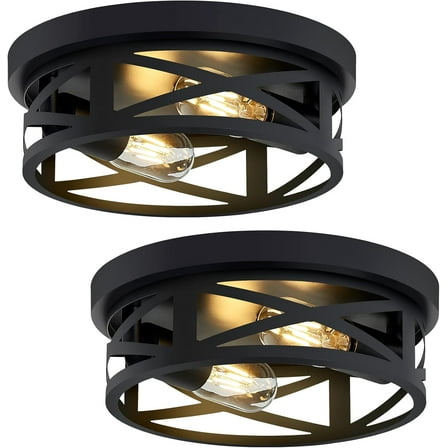 2 Pack Black Flush Mount Ceiling Light,Industrial Farmhouse Metal Cage Black Light Fixtures Ceiling Mount for Kitchen Entryway Hallway E26 Base