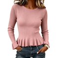 thumbnail image 2 of Women's Crew Neck Ribbed Knit Sweater, Long Sleeve Slim Fit Peplum Ruffle Hem Pullover Tops for Fall Daily Casual Outfits S, 2 of 7