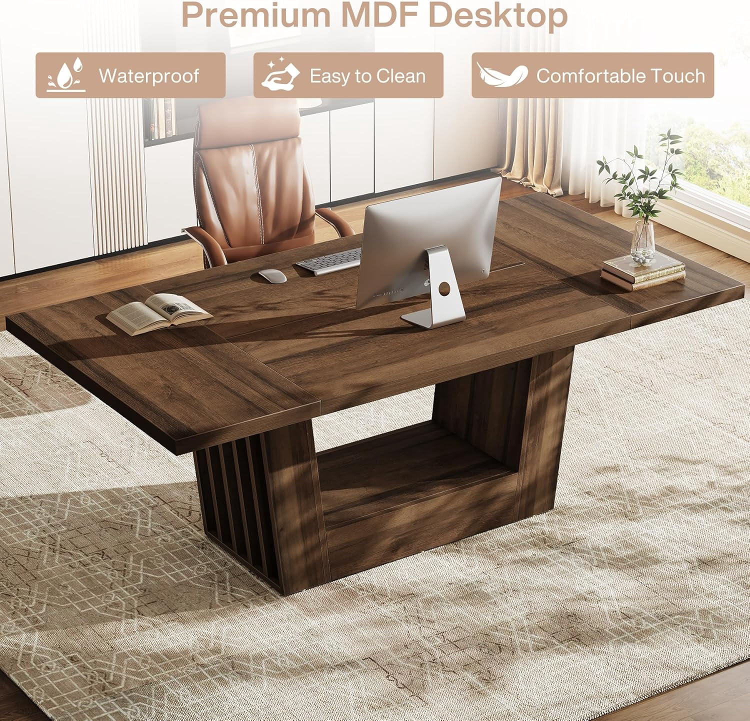 Finmind 63" Executive Desk, Modern Computer Desk with Robust Base for Home Office, Walnut Brown