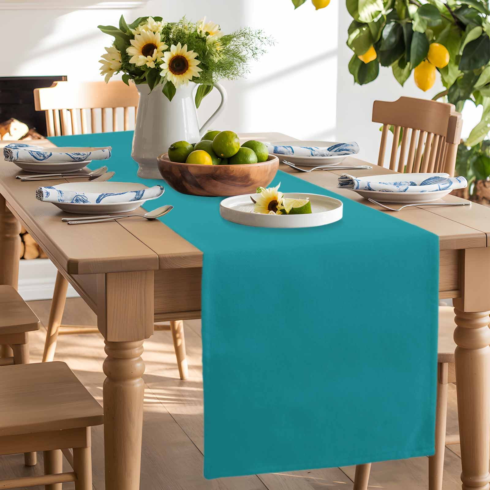 Teal Cotton Linen Table Runner for Dining Kitchen, Turquoise Pure Teal Wedding Outdoor Party Tablerunners Decoration, Dresser Scarf Coffee Tablecloth Runners 13x70 Inches