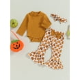 thumbnail image 2 of Wassery Infant Girl 2PCS Halloween Clothes Baby Fall Outfit Long Sleeve Ribbed Romper Pumpkin Print Flare Pants Headband Set 0-24 Months, 2 of 8