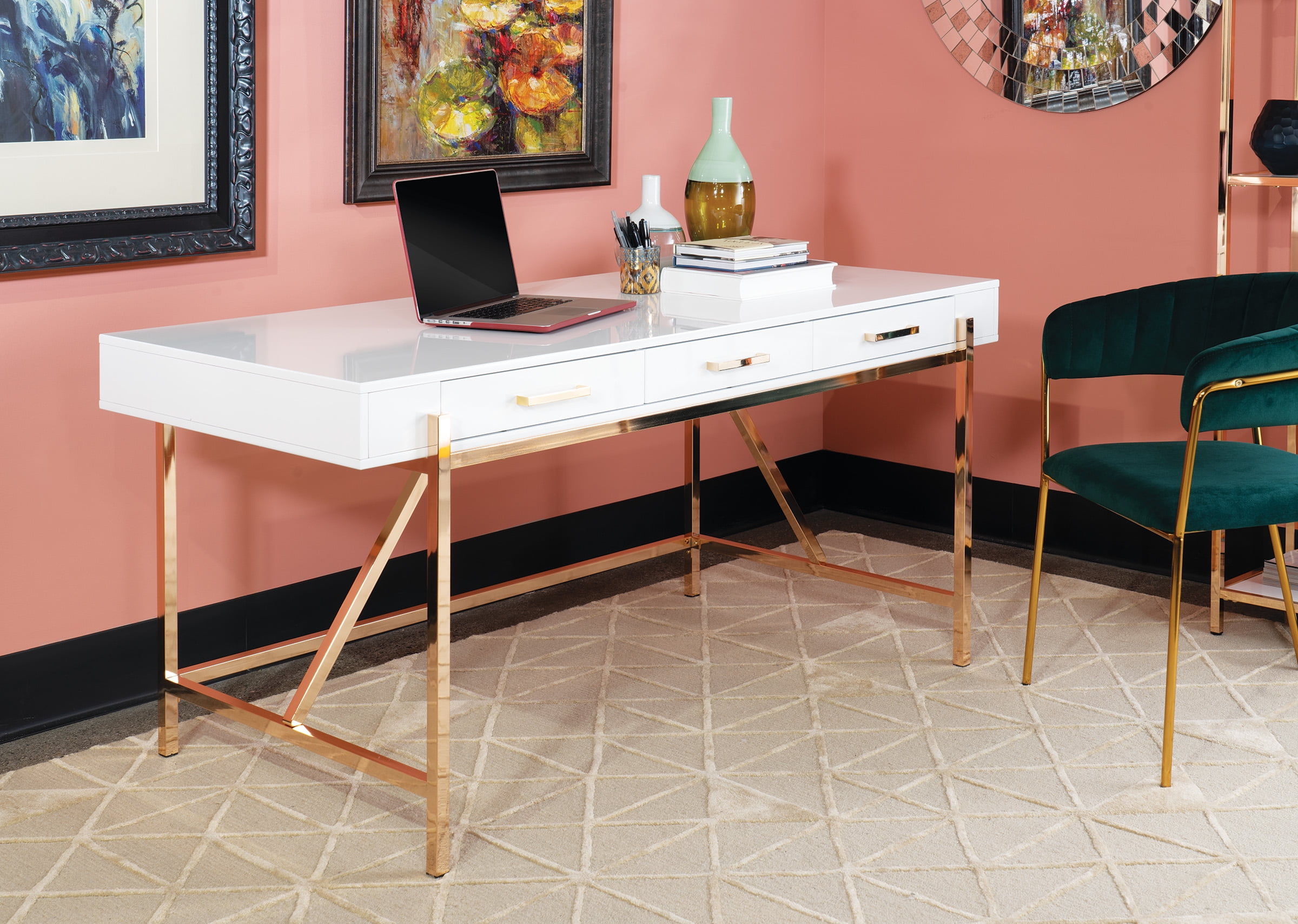 OSP Home Furnishings Broadway Desk with White Gloss and Gold