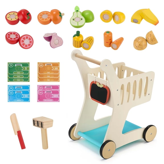 VEVOR Shopping Cart for Kids, Wooden, Toy Shopping Cart with Extra Storage, Realistic Play Food and Scanner, Grocery Store Pretend Play Toy Trolley, Baby Push Learning Walker, for Toddlers Ages 3