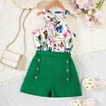 thumbnail image 2 of CUZIBR Toddler Girls Summer Outfits Flower Print Sleeveless Halter Neck Loose Fit Blouse Top High Waist Button Solid Color Shorts Fashionable Casual Breathable 2 Piece Clothes Sets,Green,13-14 Years, 2 of 7