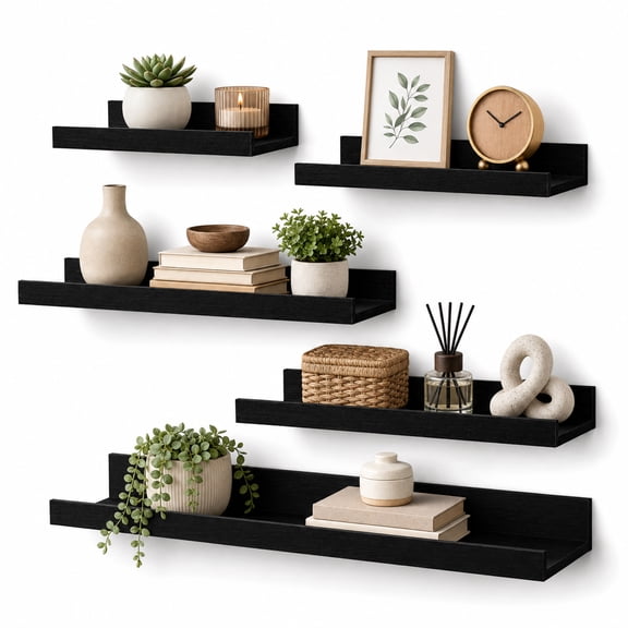 KAIWIN Black Wood Floating Shelves Set of 5 (24/16/14/10In) - Wall Mounted Storage & Decor for Home