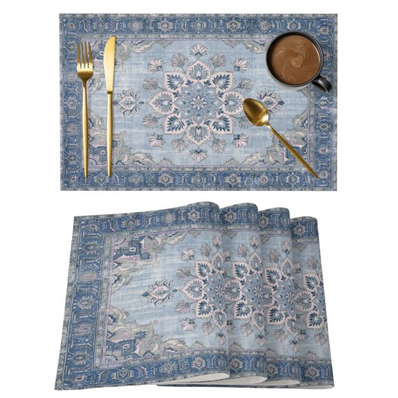 Navy Blue Floral Placemats Set of 12, Bohemian Ethnic Vintage Abstract Flower Leaf Plaid Non-Slip Place Mats Washable Table Mats for Kitchen Dining Table Decorations Indoor/Outdoor