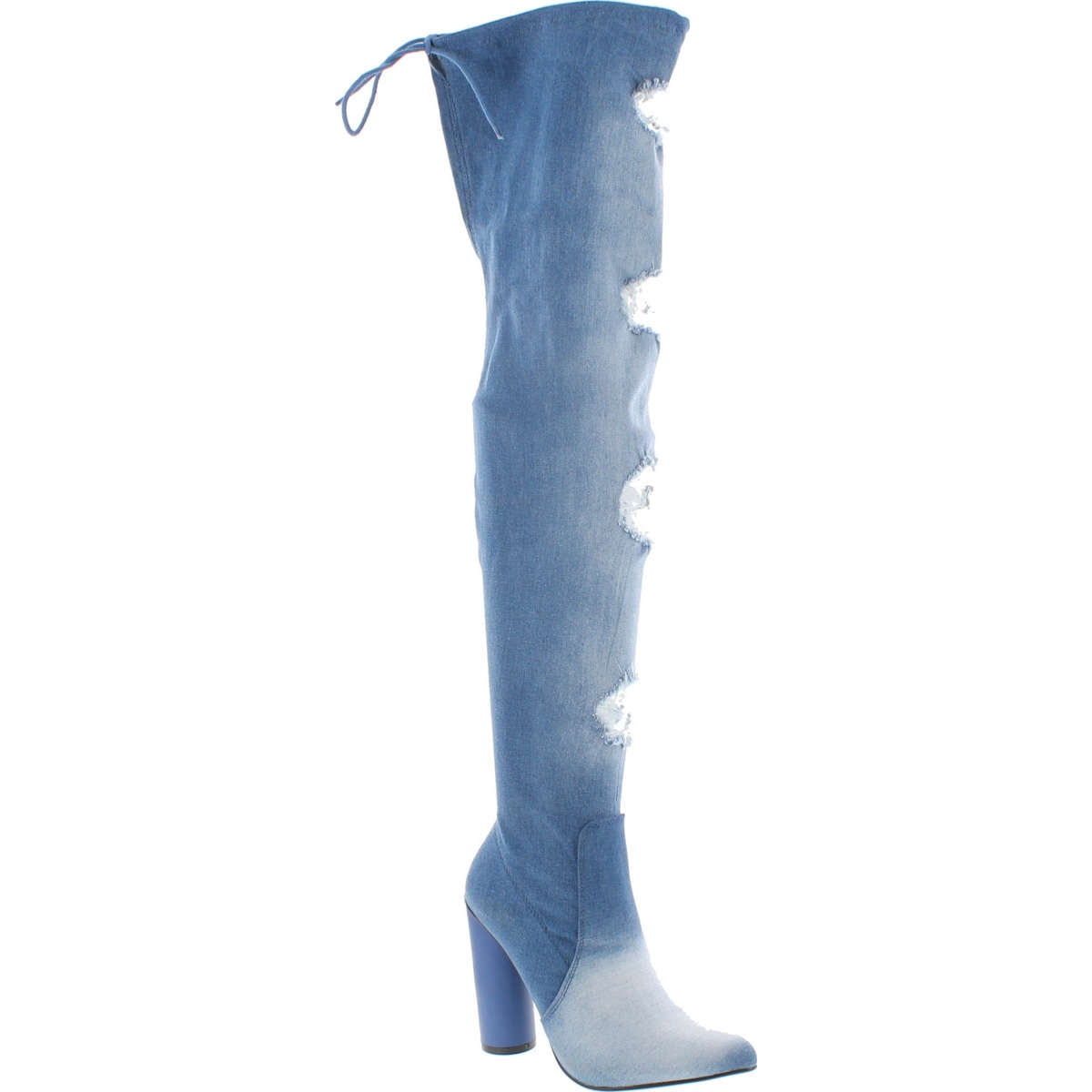 Chunky Block Heel Denim Boots, Blue 
