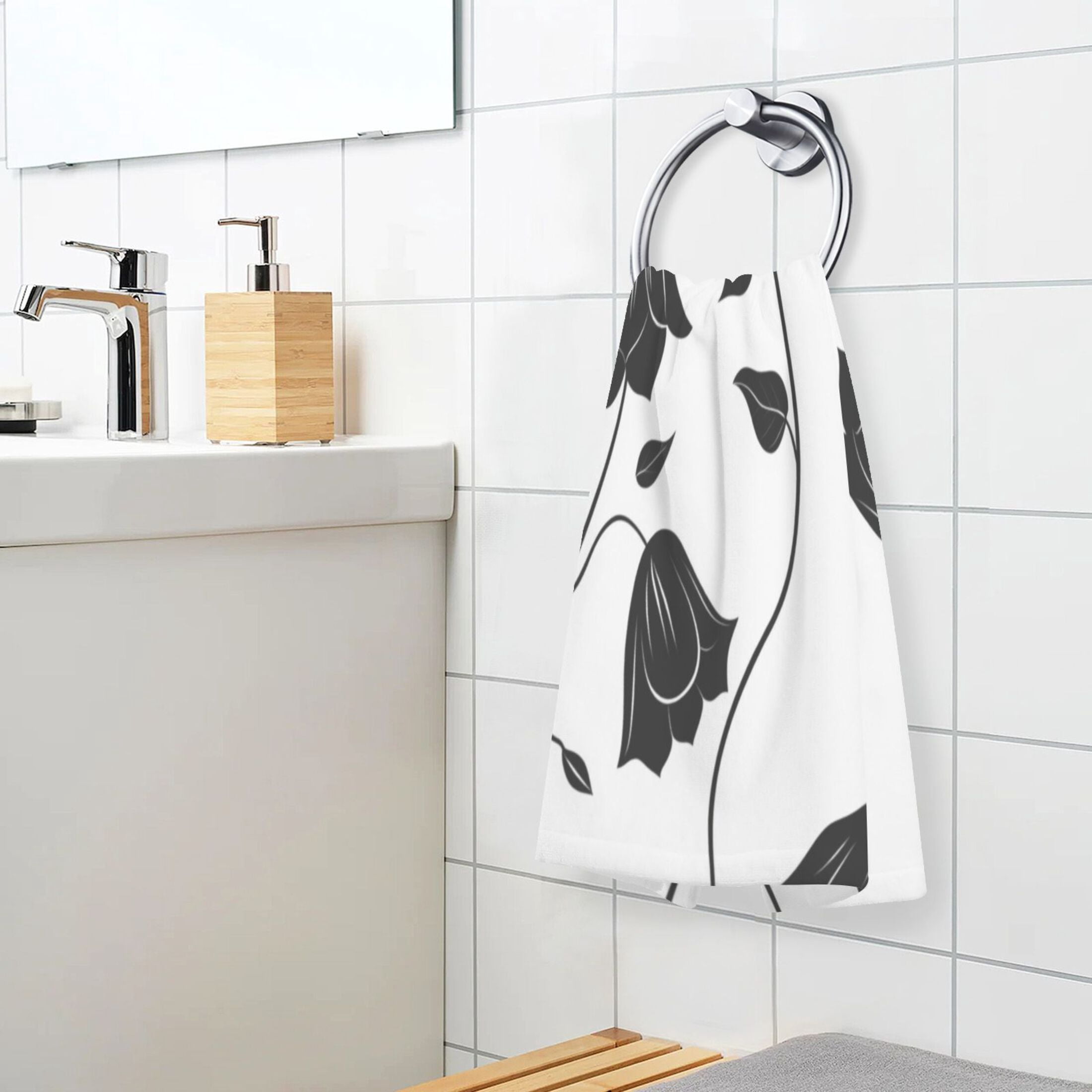 Cotton Towel Two-Piece 16x28 Inch One Sizex2 Face Towel Set Towel Set Cotton Hand Bath Towel Bathroom Beach Black Flower