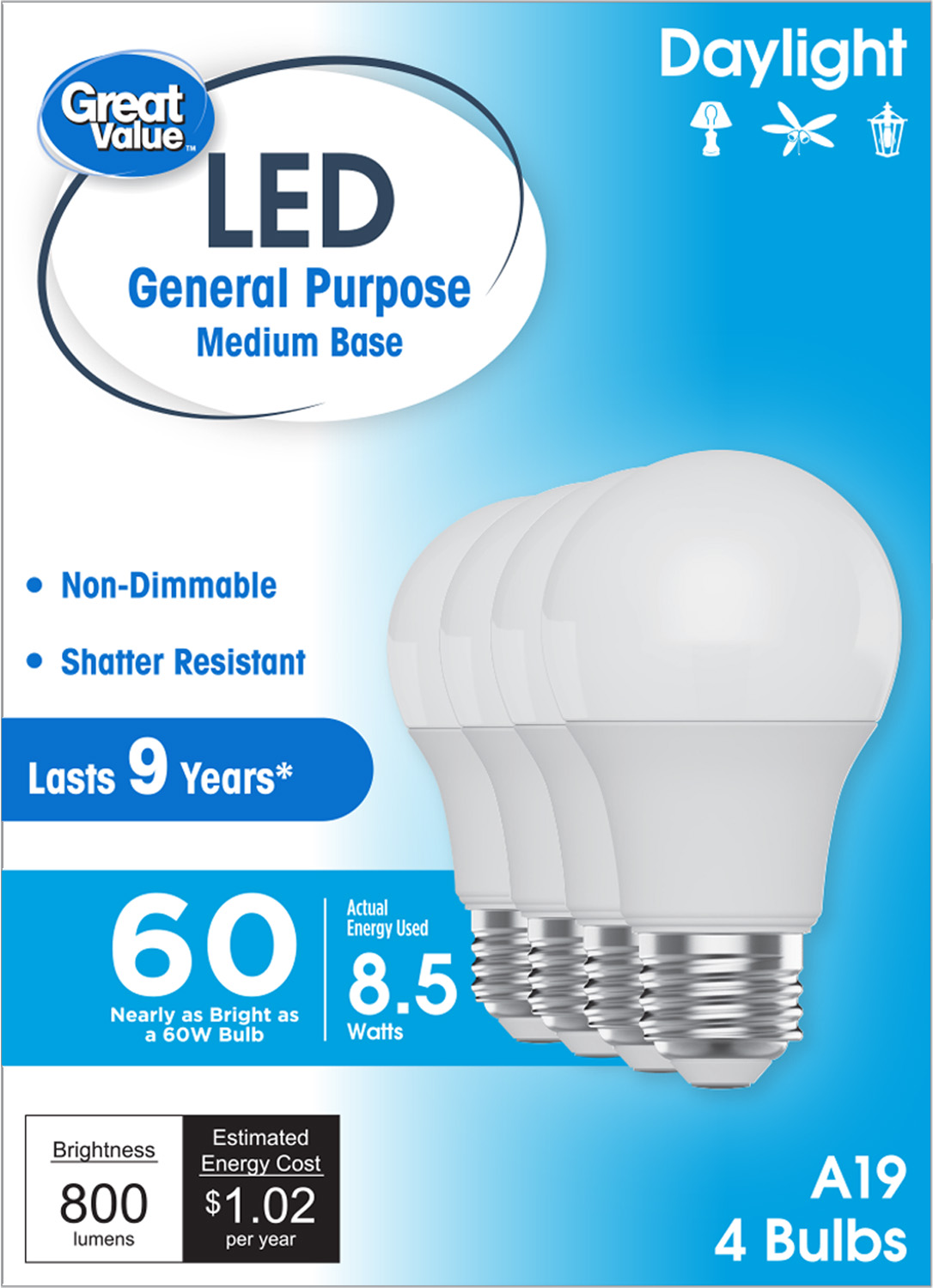 Great Value LED Light Bulb, Daylight, 60 Watt Eqv, A19 General Purpose, E26 Medium Base, 9yr, 4 pack