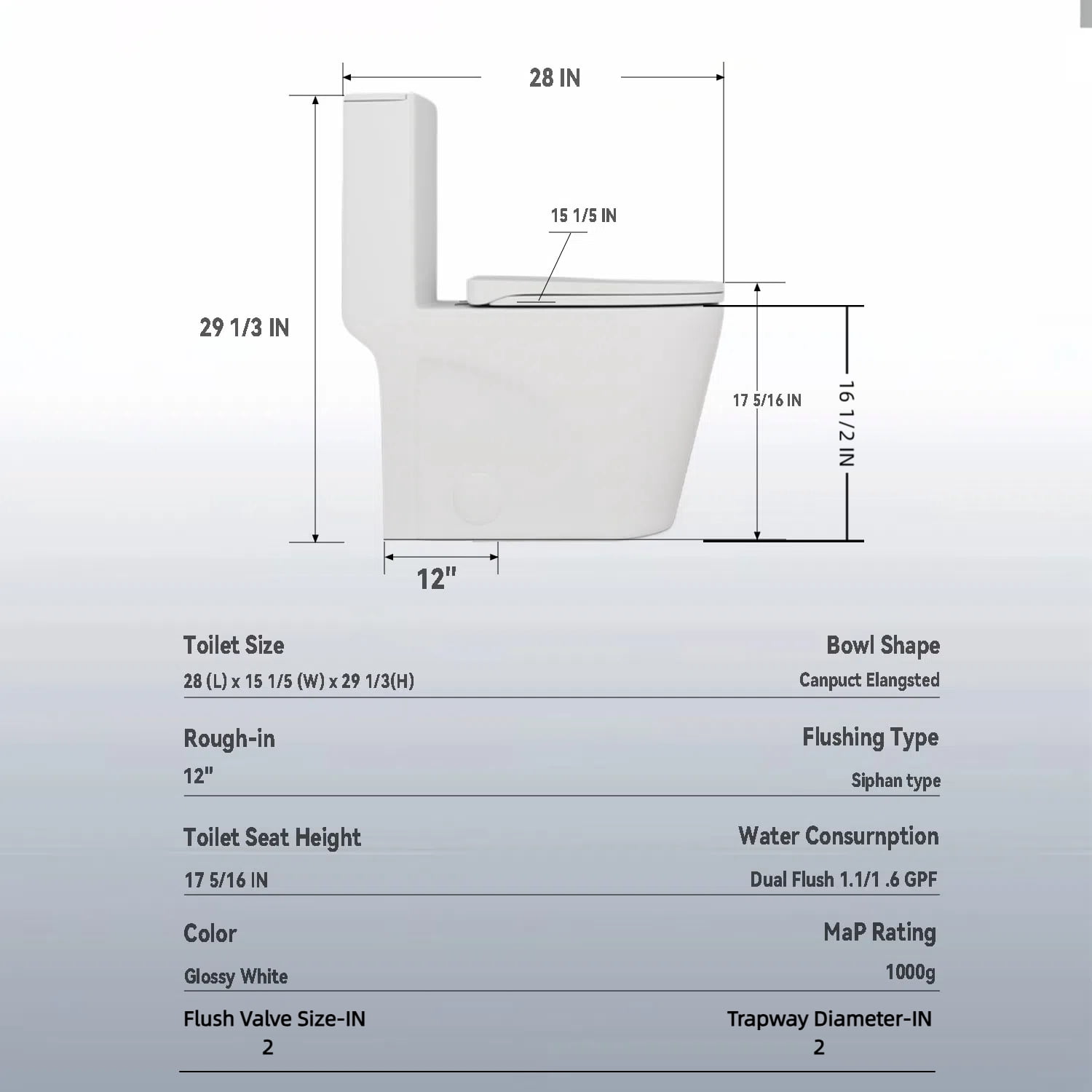 One-Piece Toilet for Bathrooms,Modern Toilet Elongated Bowl with Soft Close Seat,1.1/1.6 GPF,White