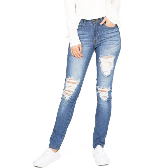 Machine Jeans Women's Juniors High Waist Distressed Jeans (1, Denim)
