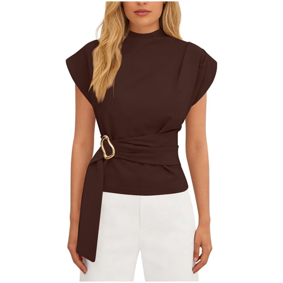 successthop Pleated Tank Tops for Women Dressy Crewneck Shirt Adjustable Side Straps Blouse Summer Short Sleeve Tops L