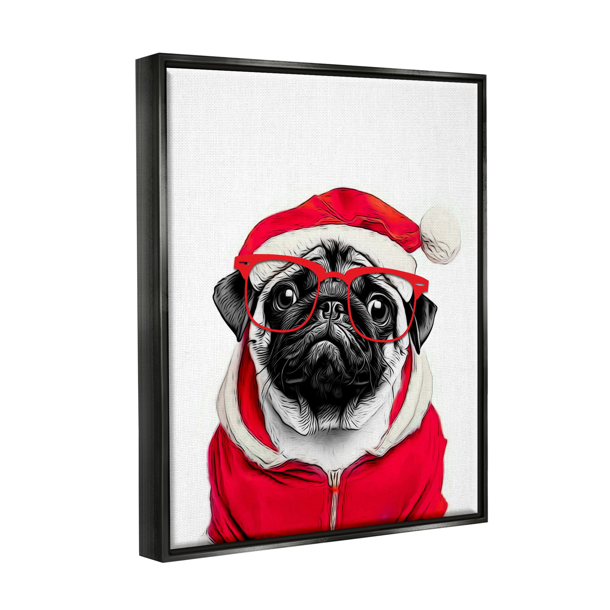 Stupell Industries Pug in Santa Hat Holiday Painting Black Floater Framed Canvas Art Print Wall Art, 17 x 21