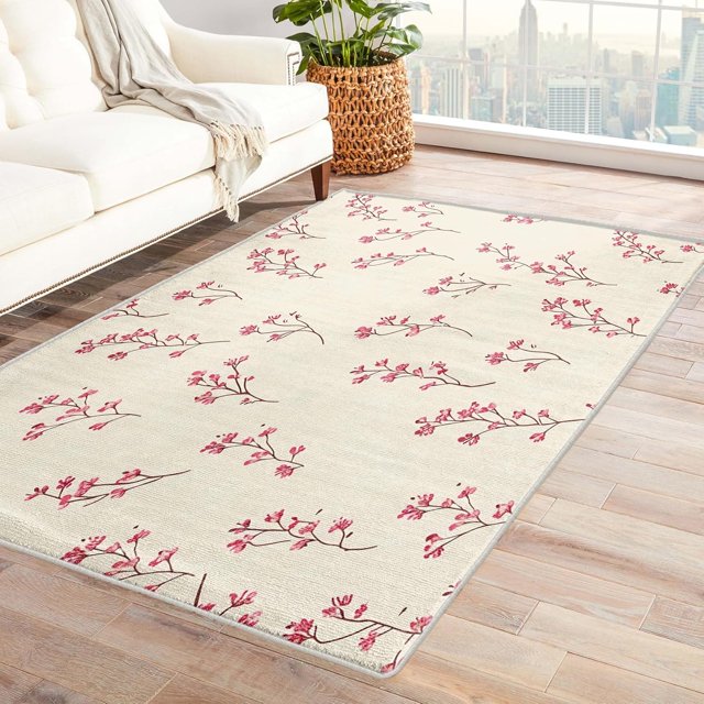 Floral Rugs for Living Room - 6x8 Rug - Floral Rug - Pink Flower Area Rug - Botanical Wildflower Beige Rugs - Girls Carpet