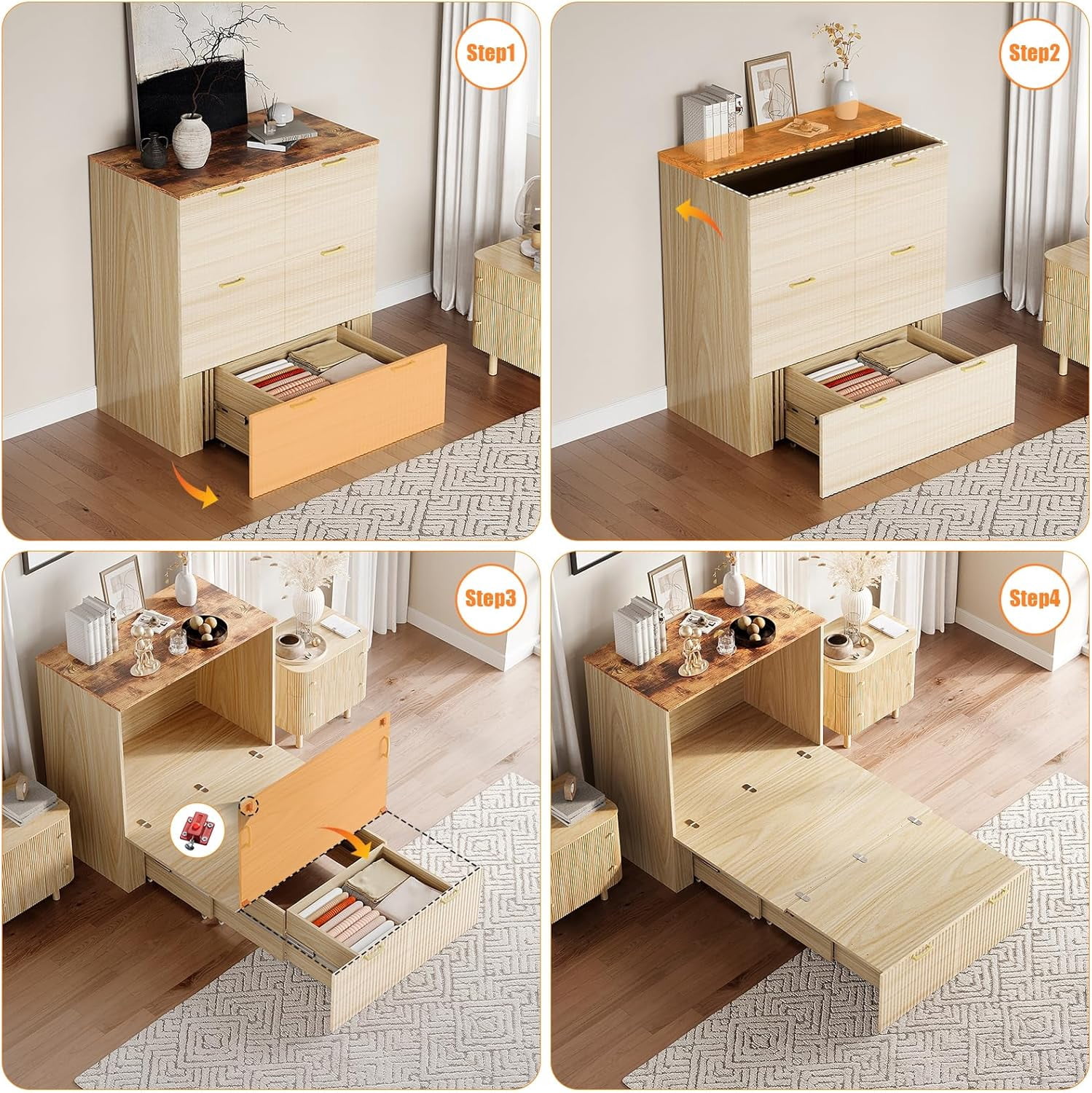 Zimtown Twin Size Murphy Bed with Storage Drawer, Space-Saving Foldable Cabinet Bed Frame, Wood Color