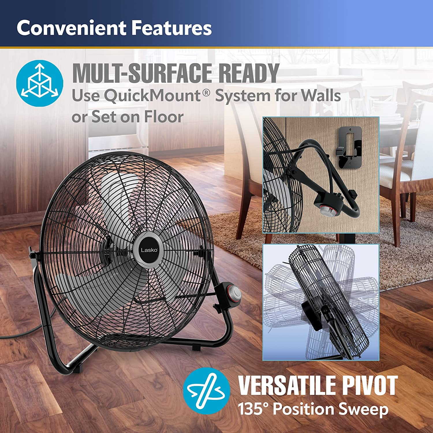 Lasko Max Performance 20" 3-Speed Wall Mounted Floor Fan, Black, 2264QM