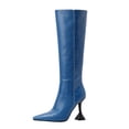 thumbnail image 1 of B91xZ Bottes d'Hiver pour Femmes Mode Fermeture Éclair Grande Boucle Talon Plat Mi-Mollet Bout Rond, Bleu 7, 1 of 5