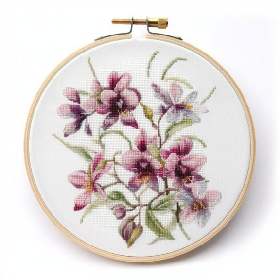 Counted Easy Cross Stitch Kits Color Orchid Stamped Embroidery for Starter Kits DIY 11CT Stamped Patterns Embroidery Needlework Kit Supplies 12 Inch Hoop Included(70-X)