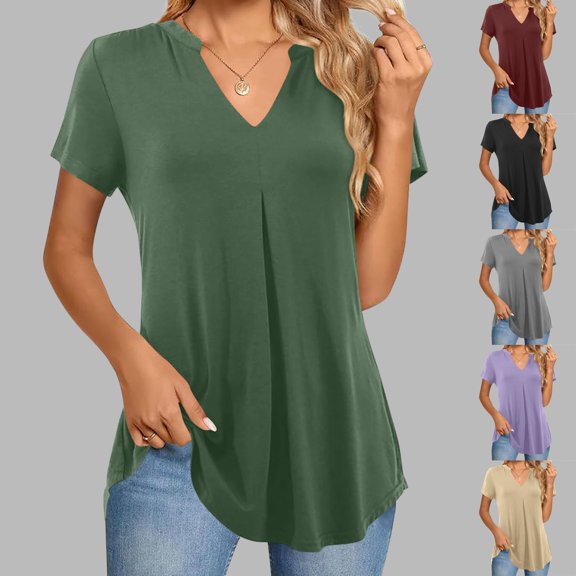 Stylish Olyvenn Women's V Neck T-Shirts Casual Summer Fashion Loose Fit Short Sleeve Solid Color Pleated Tops Basic Tees Army Green L