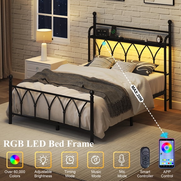 Metal Bed Frame Full Size with LED Lights, Modern Platform Bed with Charging Station, Black