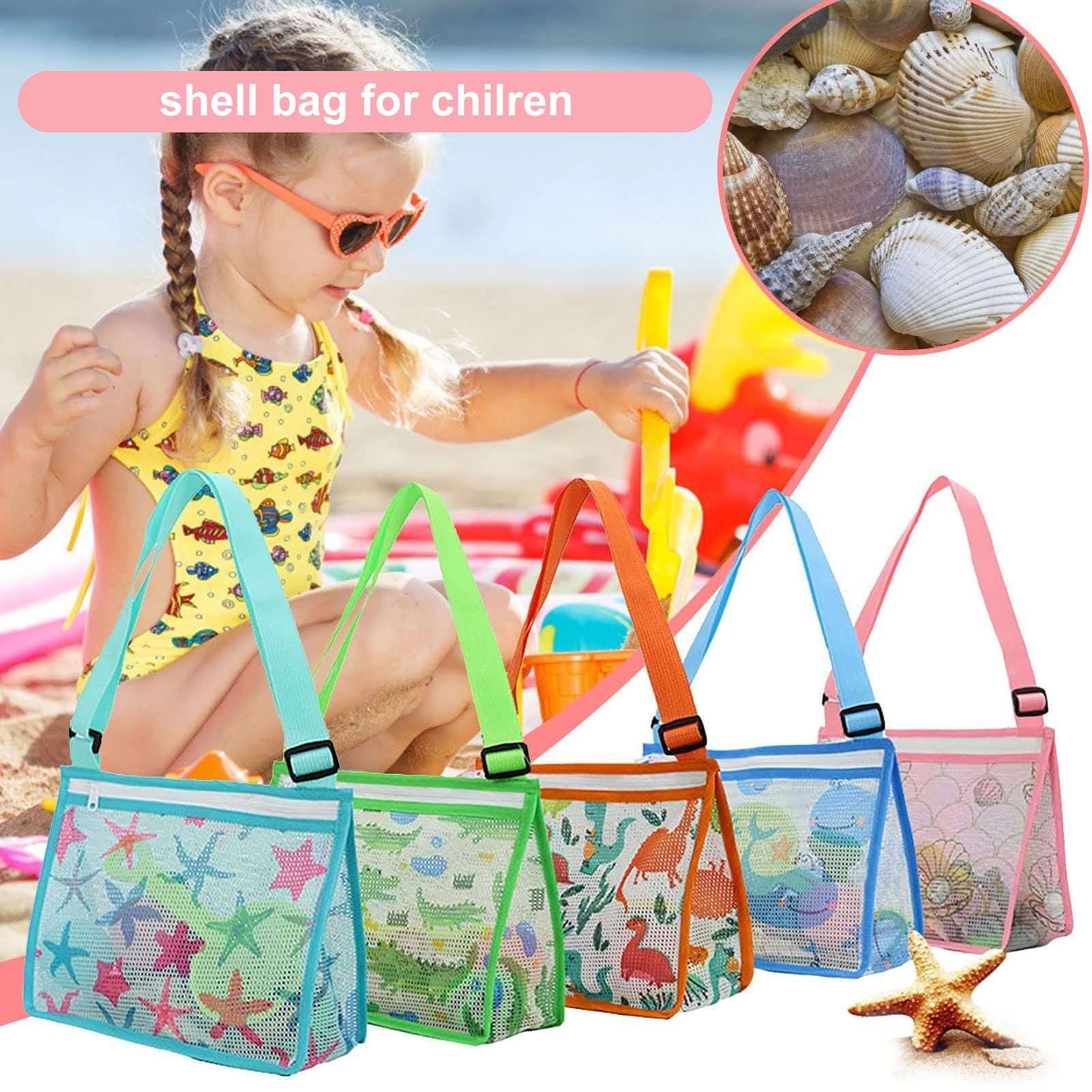 XINHUADSH Cartoon Beach Toy Mesh Bag Adjustable Shoulder Strap Portable Beach Shell Collecting