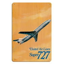 Boeing Super 727 Jet Airplane - United Airlines - Vintage Airline Travel Poster by C. Bail c.1969 - 8 x 12 inch Vintage Wood Art Sign