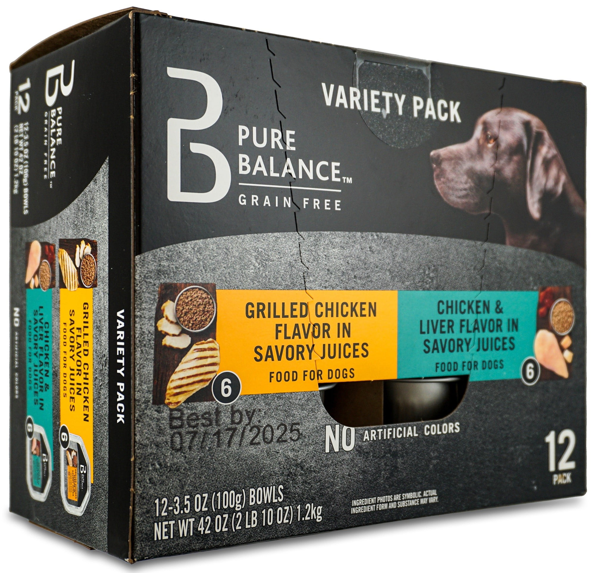 Pure Balance Grain Free Grilled Chicken and Chicken and Liver Flavor in Savory Juices Wet Dog Food Variety Pack, 3.5 oz, 12 Count