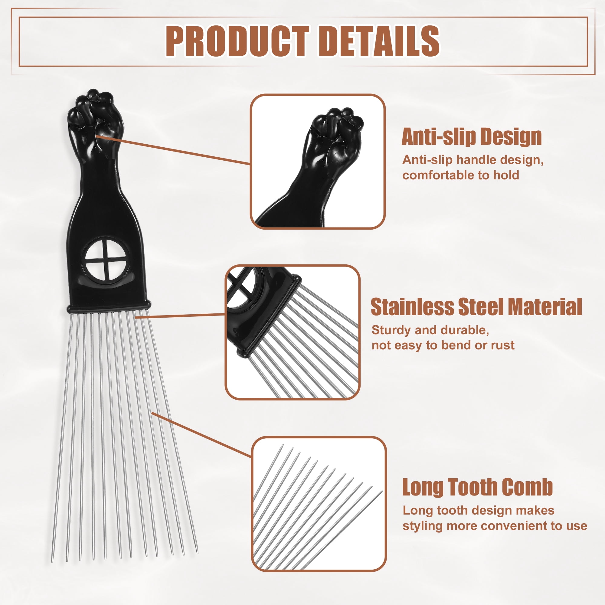 Unique Bargains 2pcs Metal Hair Pick Afro Comb for Women Men Black Silver Tone