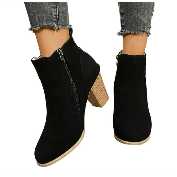 Rokment Women's High Heel Dress Boots for Ladies Fall Winter Fashion Solid Suede Pointed Toe Block Dressy Pumps Ankle Booties Black Size 6