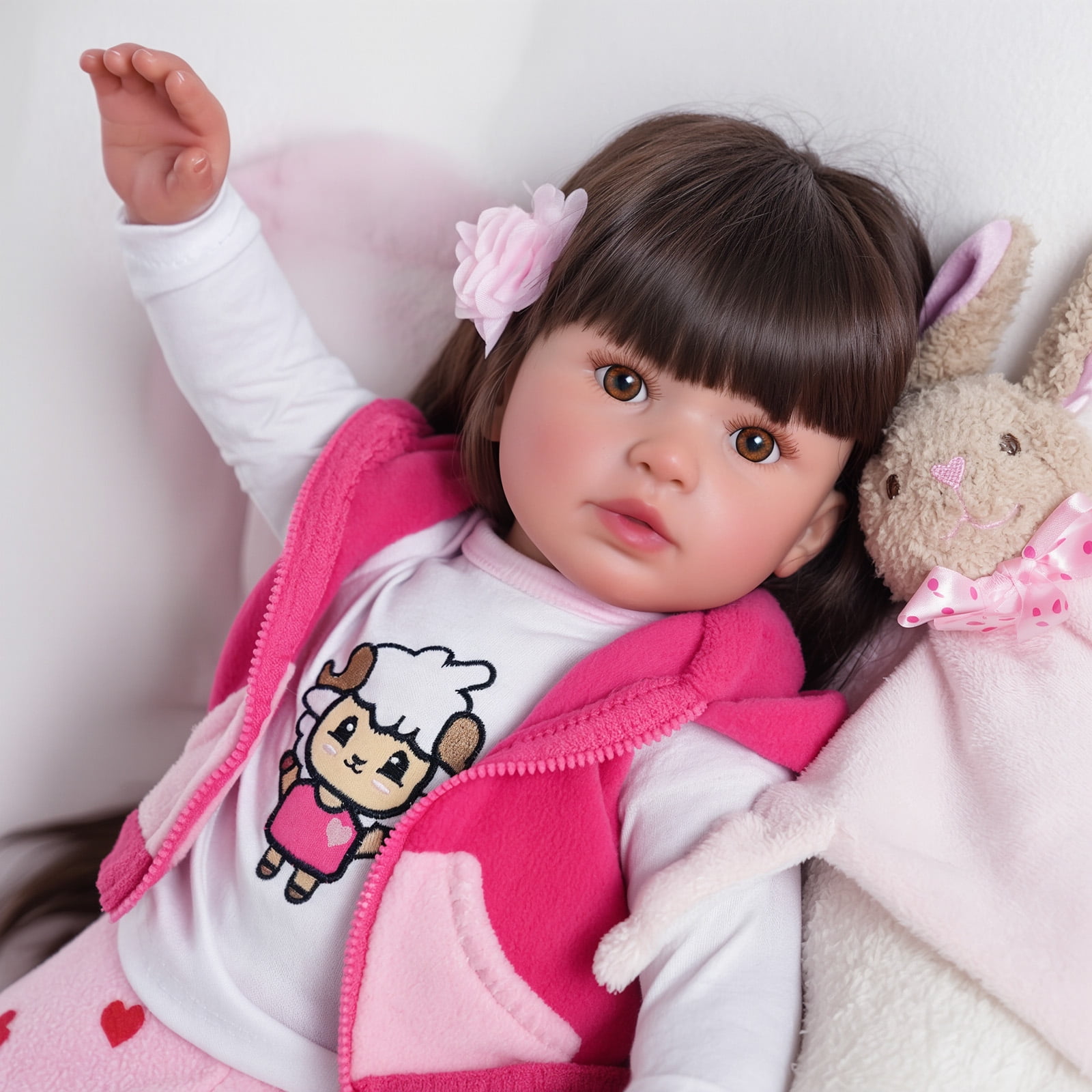 RSG Lifelike Reborn Baby Dolls Candy - 22 Inch Baby Doll Long Black Hair Girl Handmade Real Life Dolls with Clothes and Toy Accessories Gift for Kids Age 3+
