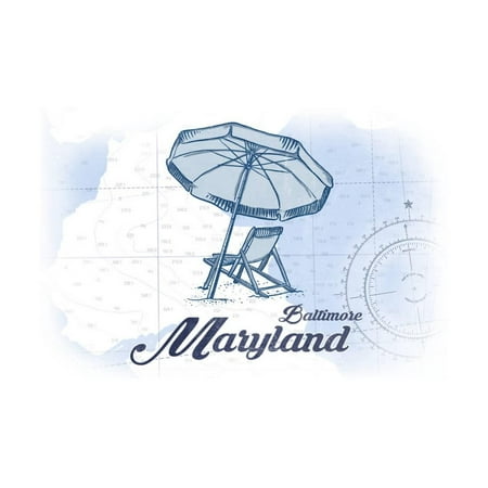 Baltimore, Maryland - Beach Chair and Umbrella - Blue - Coastal Icon Print Wall Art By Lantern