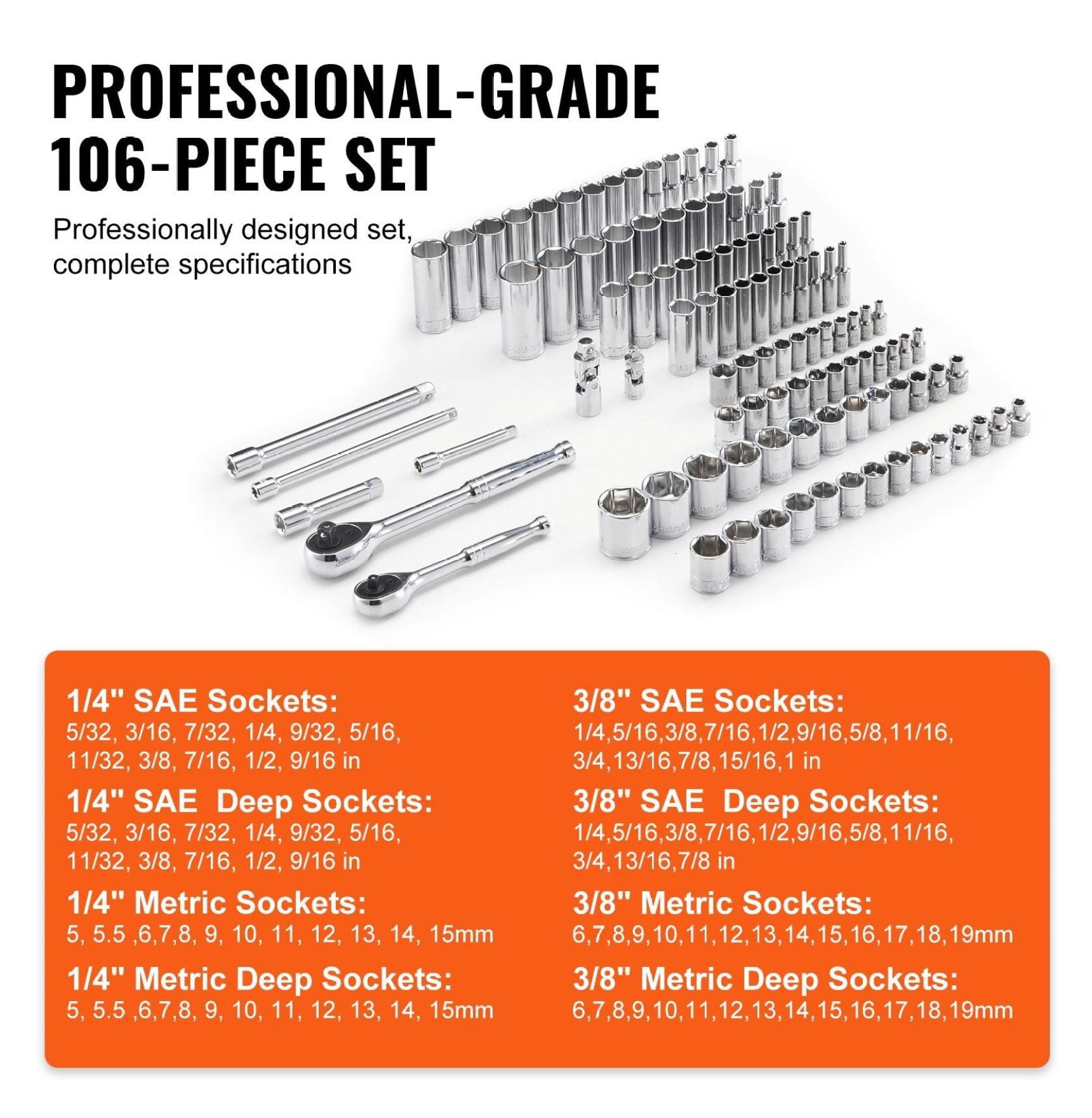 Socket Set 1/4" & 3/8" Drive, 106 Pcs Mechanic Tool Set SAE/Metric, 6-Point Sockets, Deep & Standard, 5/32-1in, 5-19mm with Storage Case