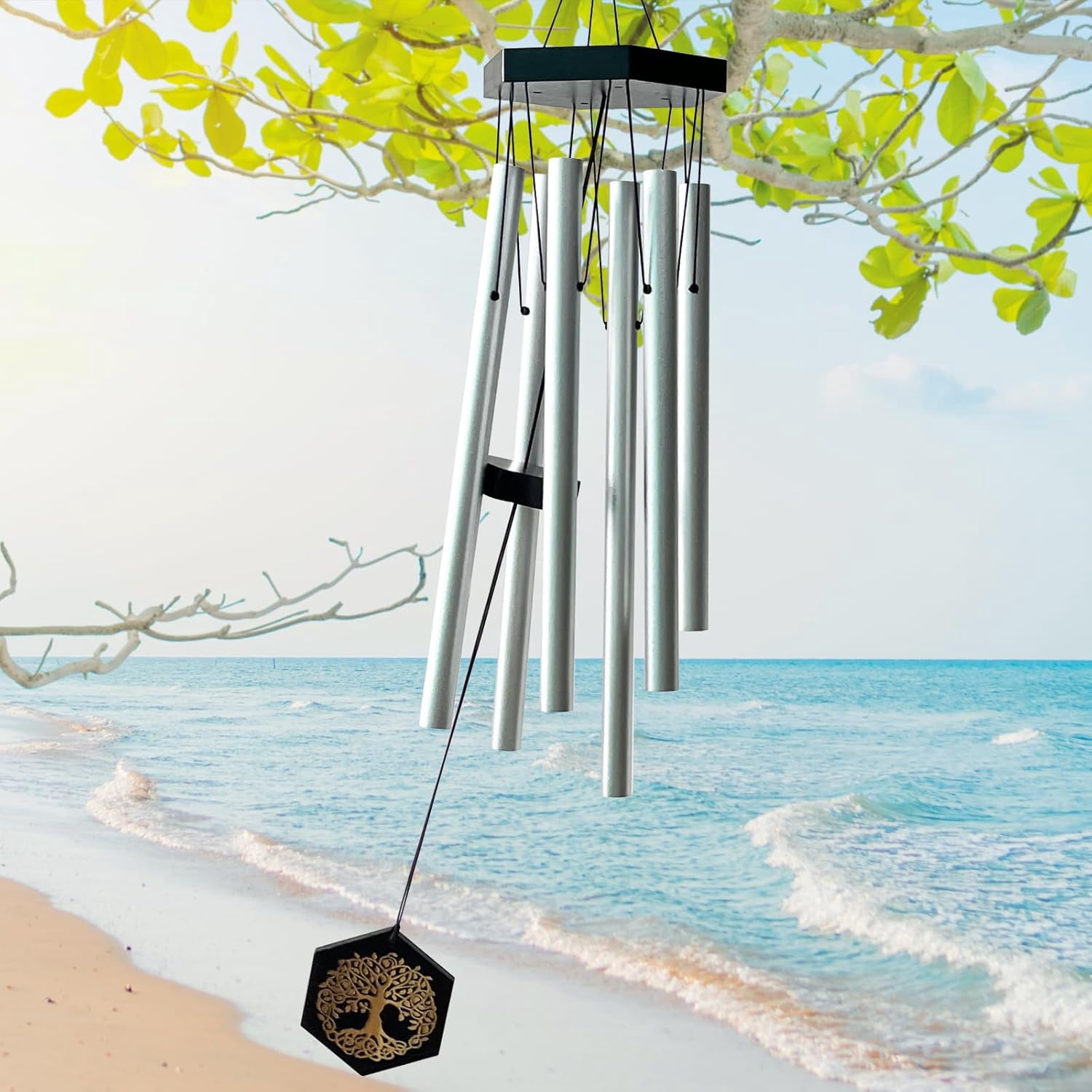 Wind Chimes for Outside, 33 inch Memorial Wind Chime in Memory of Loved Mon Dad, Sympathy Gifts, Tree of Life Windchime Deep Tone Create a Zen Atmosphere for Garden Home (Silver)