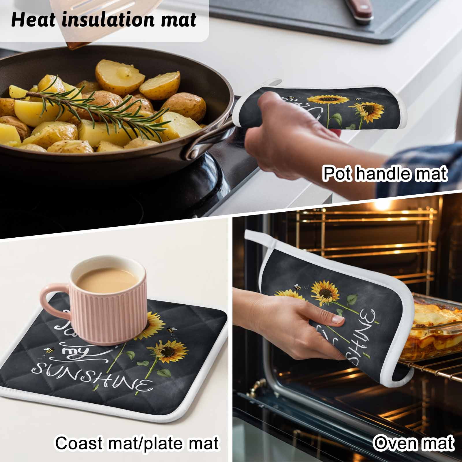 Sunflowers Pot Holders for Kitchen Heatproof Potholder, 4 Pack Classic Bee You Are My Sunshine Black Hot Pads Multipurpose Oven Pads Cloth Potholders Trivet for Cooking and Baking