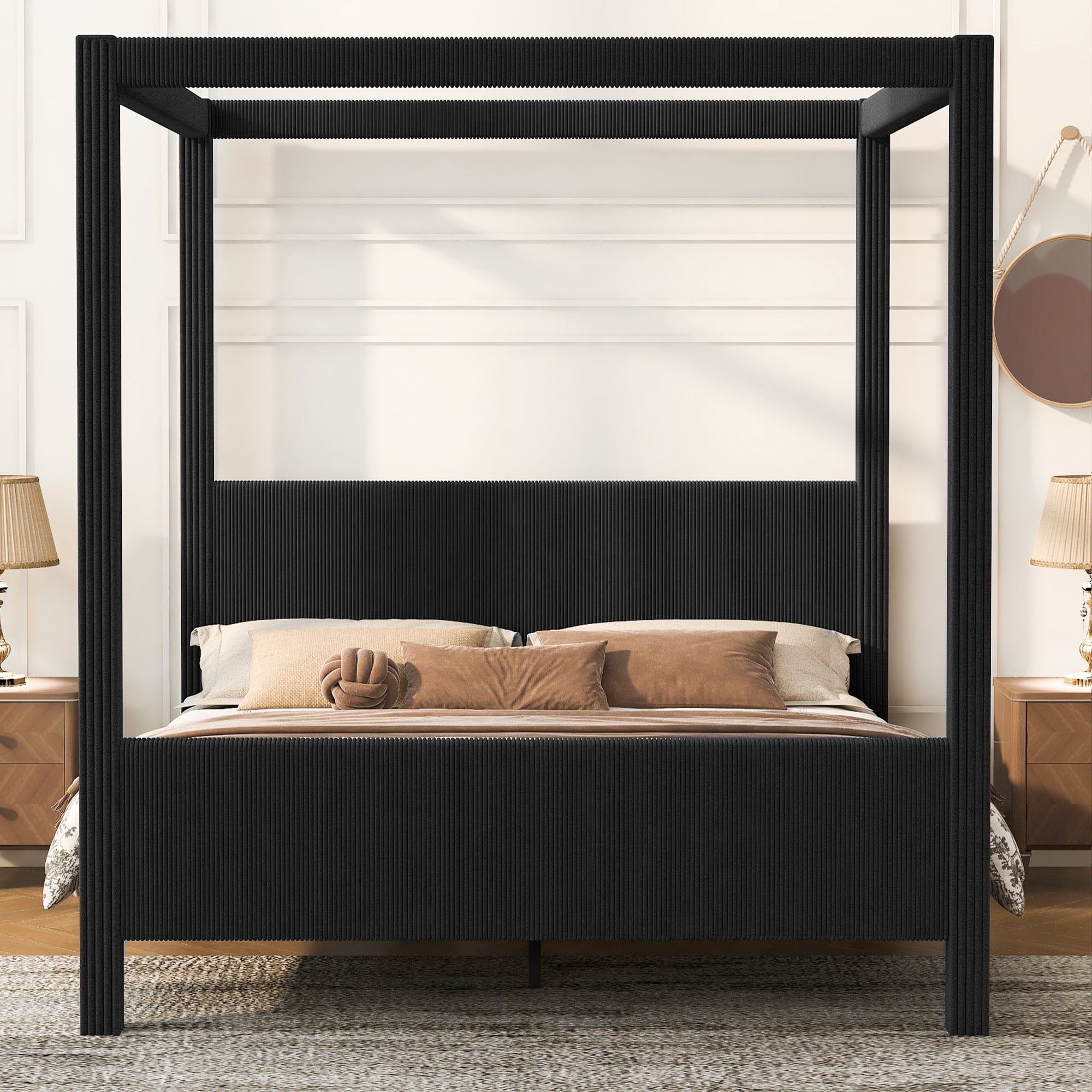 Euroco Upholstery Queen Size Canopy Platform Bed, No Box Spring Needed, Black