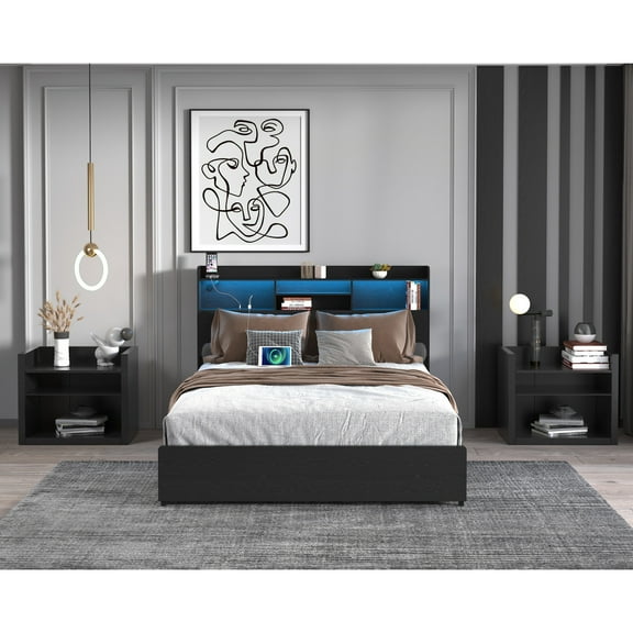Full Bed Frame with 4 Storage Drawers Full Bed Frame with Headboard and Storage Shelf, Storage Bed with Led and Charging Station, No Noise,No Box Springs Needed,Black