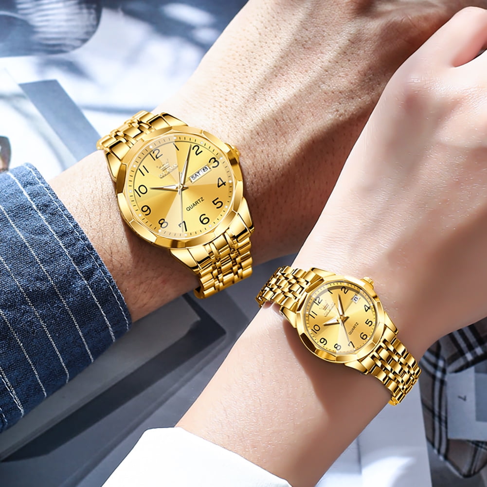 OLEVS Valentines Couple Pair Quartz Watches Luminous Calendar Date Window 3ATM Waterproof, Casual Stainless Steel His and Hers Wristwatch for Men Women Lovers Wedding Romantic Gifts Set of 2