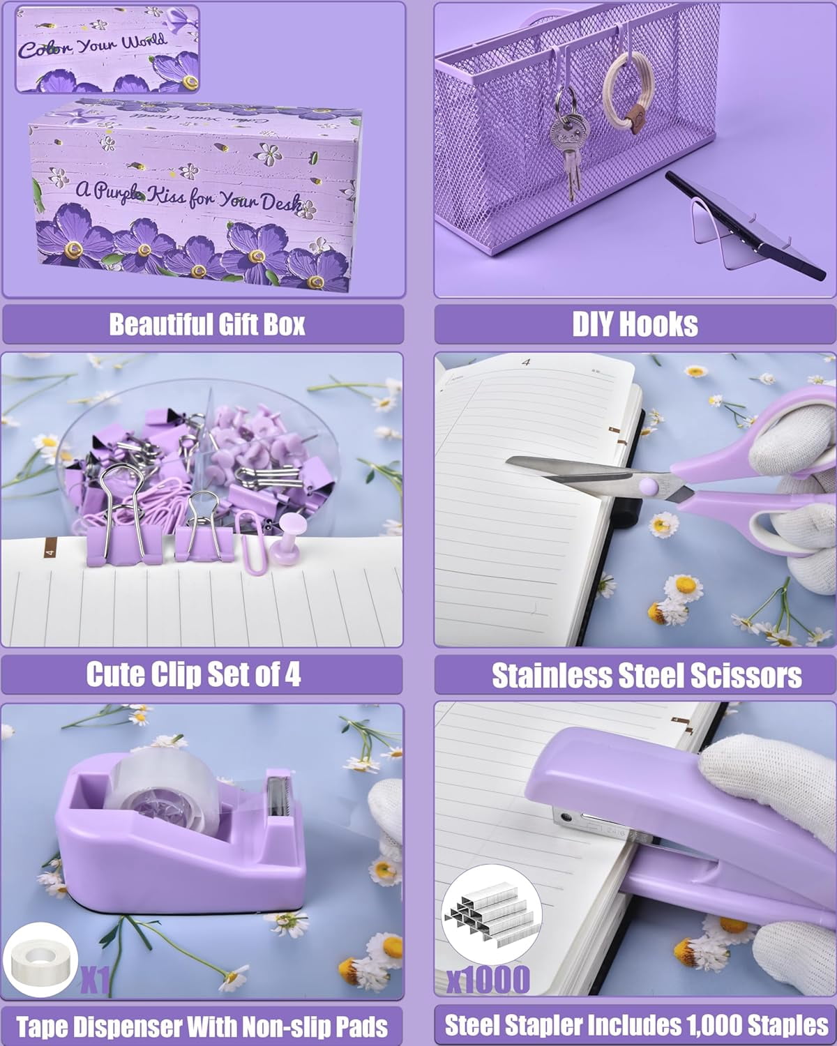 21Pcs Purple Desk Organizers and Accessories With Mesh Desk Organizer and 360°Rotating Pen Holder and a Lot of Office Purple Office Supplies Beautifully Presented in a Gift Box
