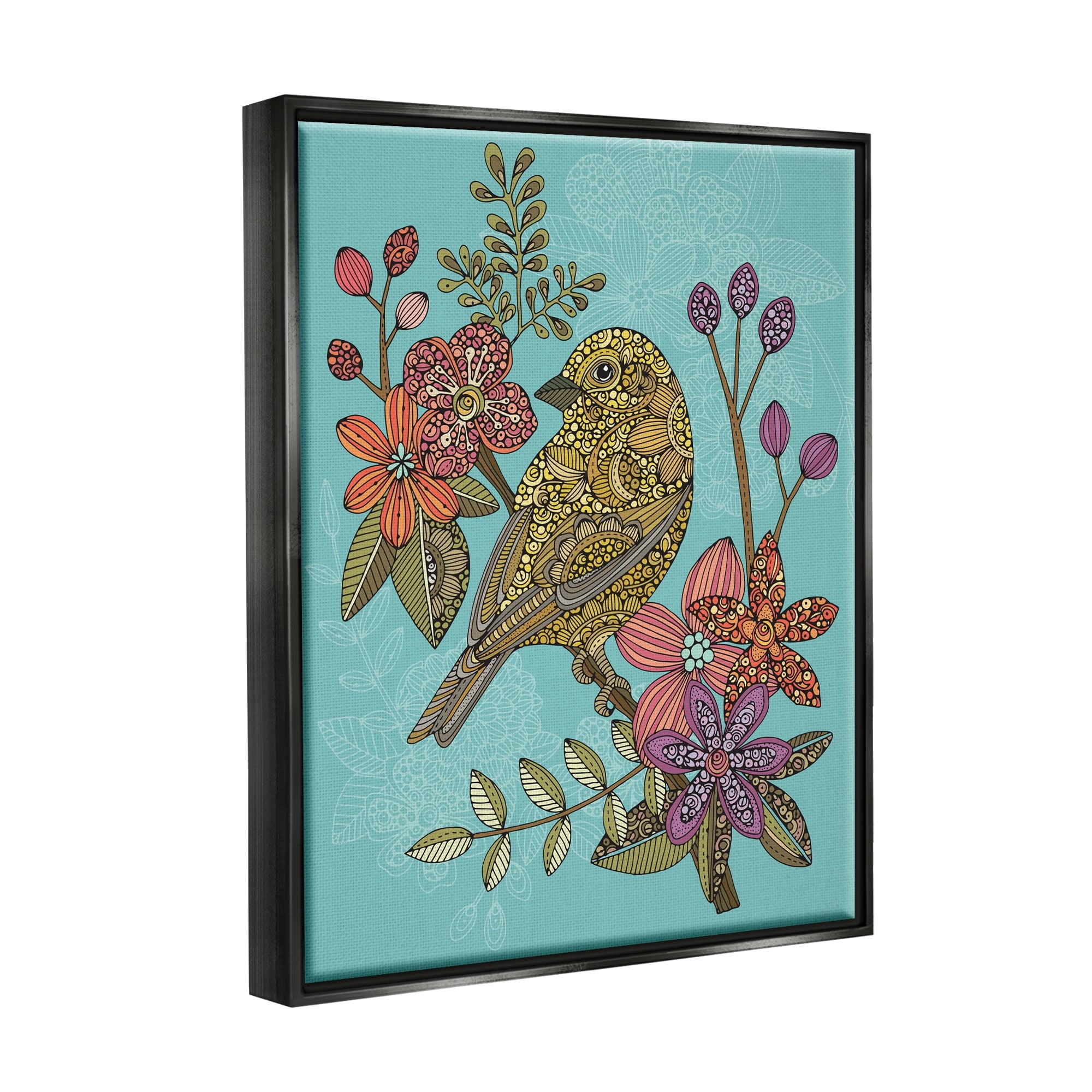 Stupell Industries Finch Perched Flower Branch Intricate Pattern Designs Graphic Art Luster Gray Floating Framed Canvas Print Wall Art, Design by Valentina Harper