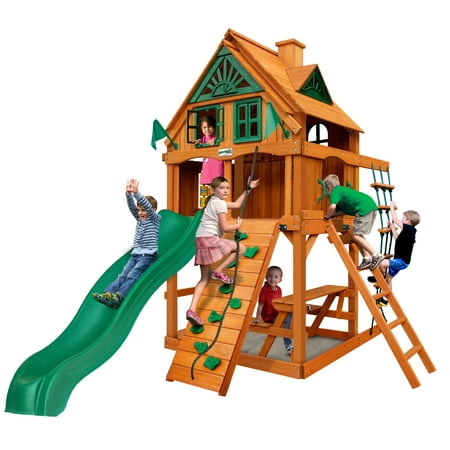 Gorilla Playsets Chateau Tower Treehouse Wooden Playset with Fort Add-On, Rock Climbing Wall, and Rope