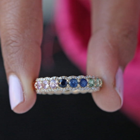 Multi Sapphire & Cubic Zirconia Full Eternity Band Ring, 925 Sterling Silver band Ring. Anniversary Gift Ring.