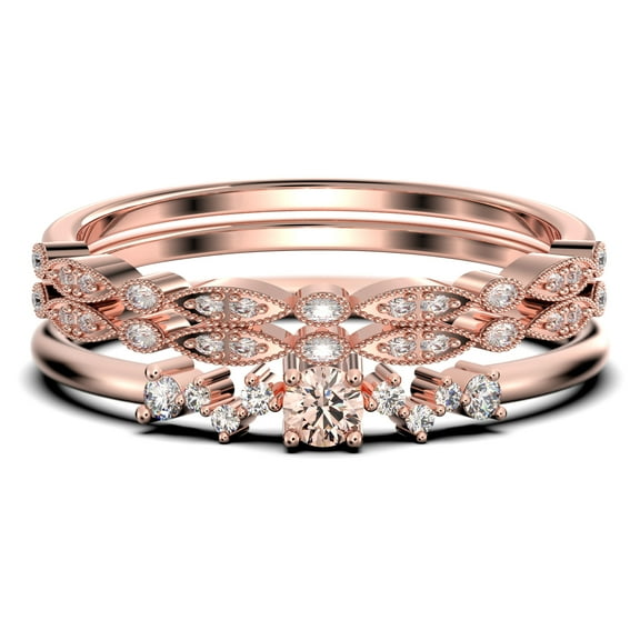 ZigZag Style 1.60 Carat Round Cut Morganite And Diamond Moissanite Unique Style Engagement Ring, Slim Ring, Wedding Ring in 10k Solid Rose Gold, Gift For Her, Promise Ring, Trio Set, Matching Band