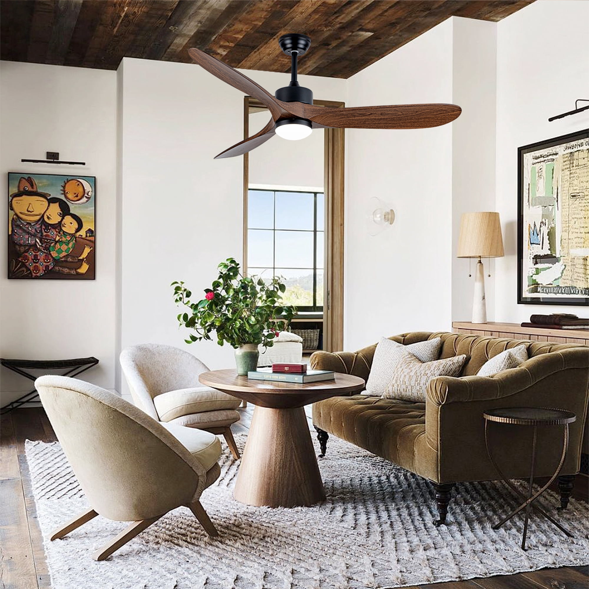 Ceiling Fan with Light, 60 Inch Large Quiet Fan for Big Household Living Space, Matte Black Wood