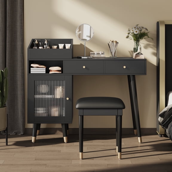 Makeup Vanity Desk with USB Port, Modern Vanity Desk Set with Stool, Dressing Makeup Table with Large Storage for Small Place, Black