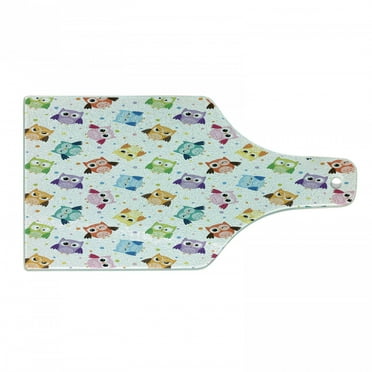 Cartoon Cutting Board, Dotted Background Colorful Owls Various Facial Expressions Angry Happy Confused, Tempered Glass Cutting and Serving Board, Wine Bottle Shape, Multicolor, by Ambesonne