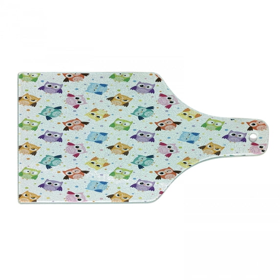 Cartoon Cutting Board, Dotted Background Colorful Owls Various Facial Expressions Angry Happy Confused, Tempered Glass Cutting and Serving Board, Wine Bottle Shape, Multicolor, by Ambesonne