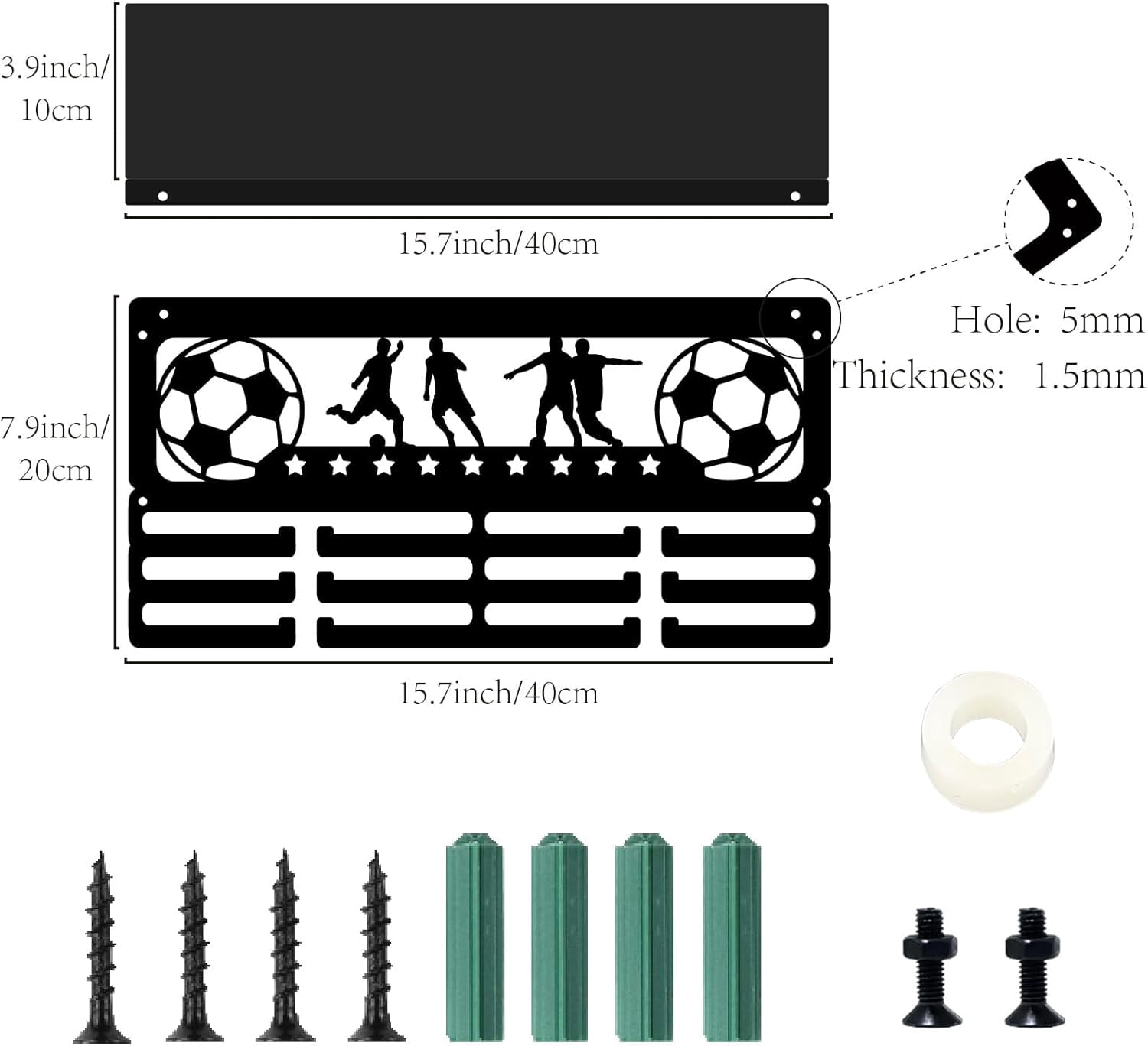 1set Football Medal Holder Sports Medal Hanger Display with Troy Shelf Awards Ribbon Organization Hooks Metal Rack Wall Mount Hold 60+ Medals for Soccer Athletes Players Race 15.7x8x4 Inch