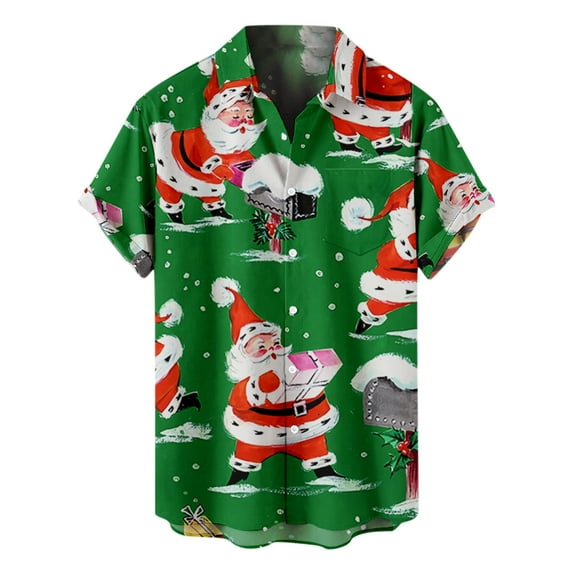 Mens Button Up Shirts Santa Claus Tropical Beach Shirts Christmas Summer Hawaiian Shirts for Men Relaxed-Fit