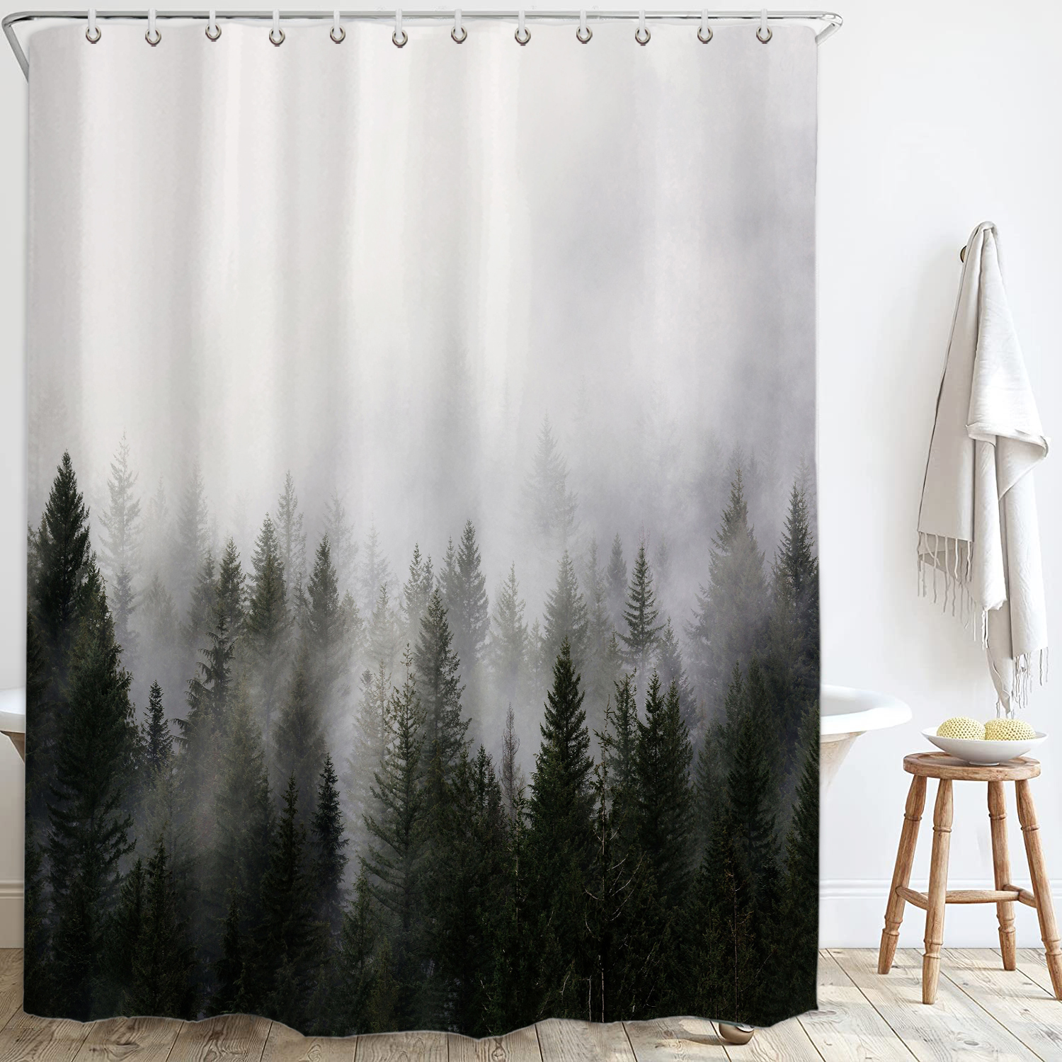 ORTIGIA Misty Forest Shower Curtains Nature Woodland Pine Tree Shower ...