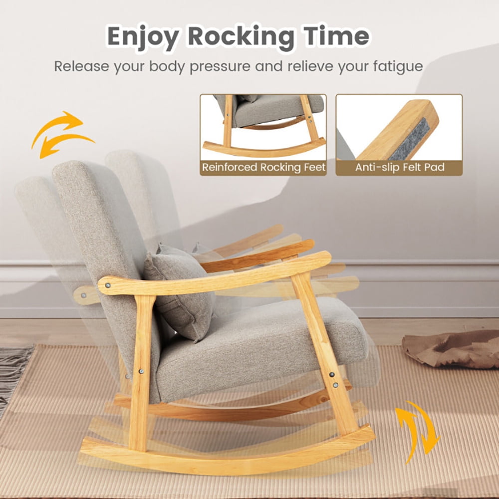 Finihen Rocking Chair, Recliner Chair, Upholstered Rocking Chair with Pillow and Rubber Wood Frame, for Living Room, Bedroom, Gray